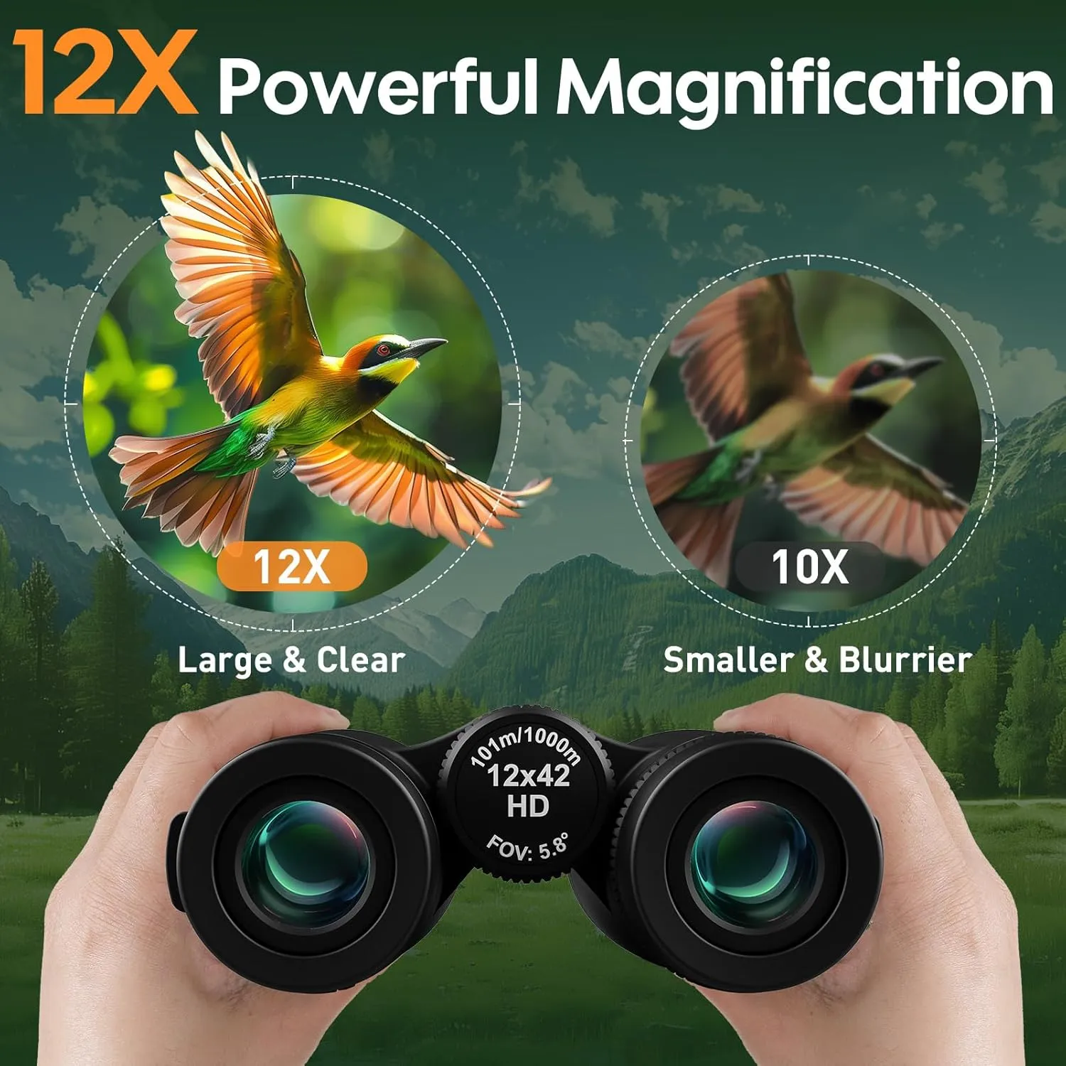 12x42 UHD Waterproof Binoculars for Adults: Fogproof Shockproof High Powered Easy Focus - Large View Lightweight with Clear Low Light Vision for Bird Watching Hunting Trip Hiking Black