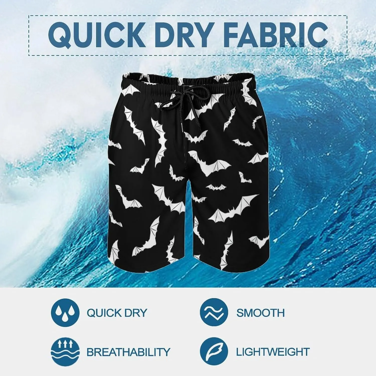 Bats Halloween Goth Mens Swim Trunks Quick Dry Summer Beach Board Shorts with Mesh Lining