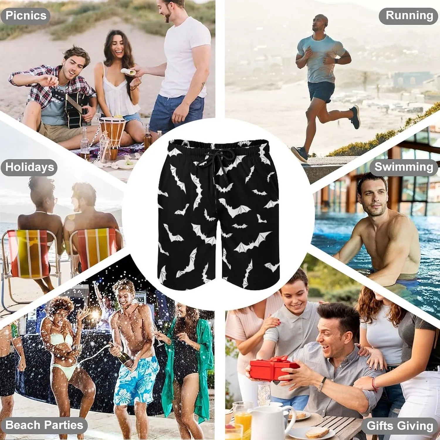 Bats Halloween Goth Mens Swim Trunks Quick Dry Summer Beach Board Shorts with Mesh Lining