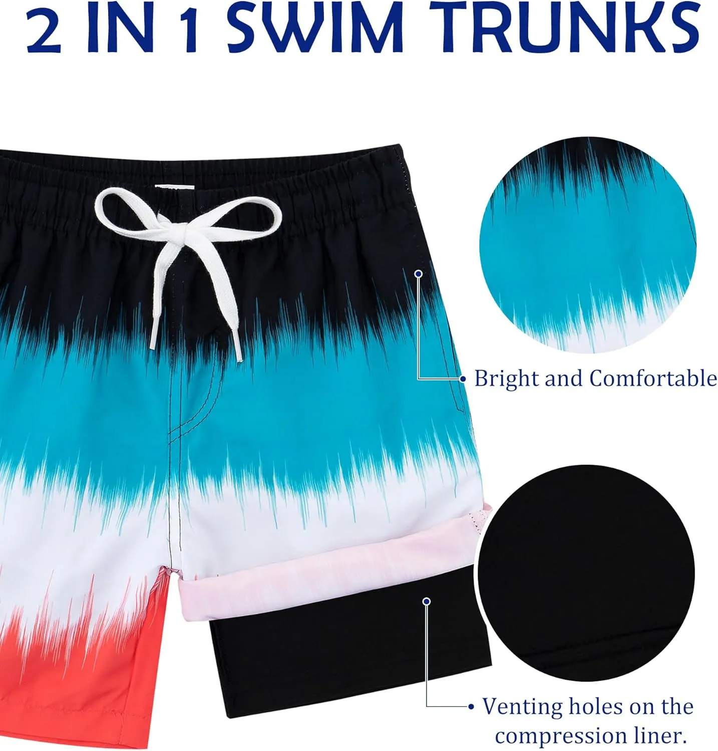 Boys Swim Trunks with Compression Liner Casual Bathing Suit for Kids Swim Shorts 6-18 Years