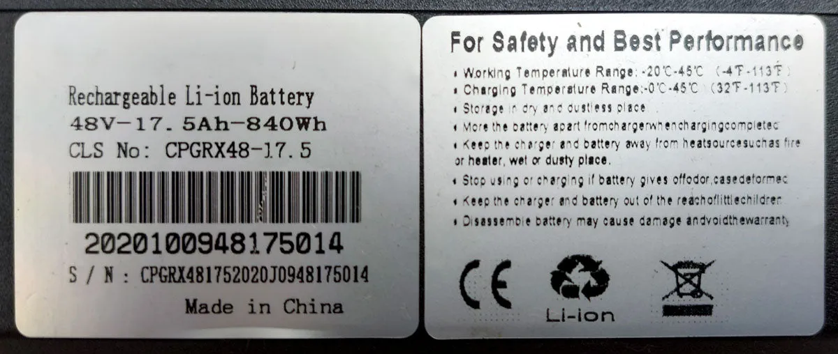 Dorado 458mm battery, 48v 17.5ah
