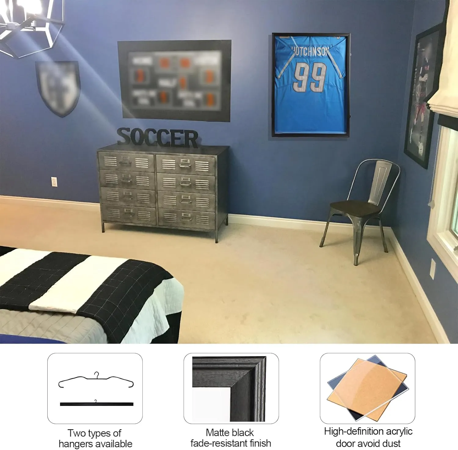 Football Jersey Frame Display Case 3 Pack - Lockable Jersey Display Case with UV Protection - Fits Hockey Soccer Basketball Baseball Shirts - Jersey Shadow Box, Black