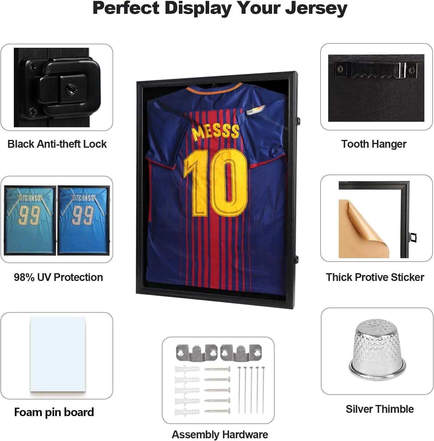 Football Jersey Frame Display Case 3 Pack - Lockable Jersey Display Case with UV Protection - Fits Hockey Soccer Basketball Baseball Shirts - Jersey Shadow Box, Black