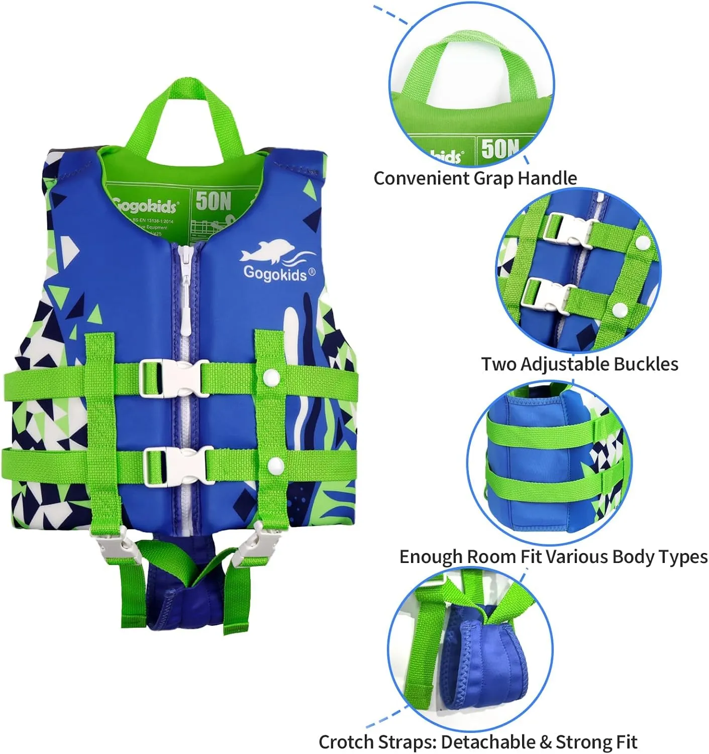 Gogokids Kids Swim Vest, Toddler Floaties for Boys Girls 20-70 Pounds Float Jacket with Adjustable Safety Strap, Buoyancy Pool Floation Trainer Vest Learn to Swim for Children 1-9 Years