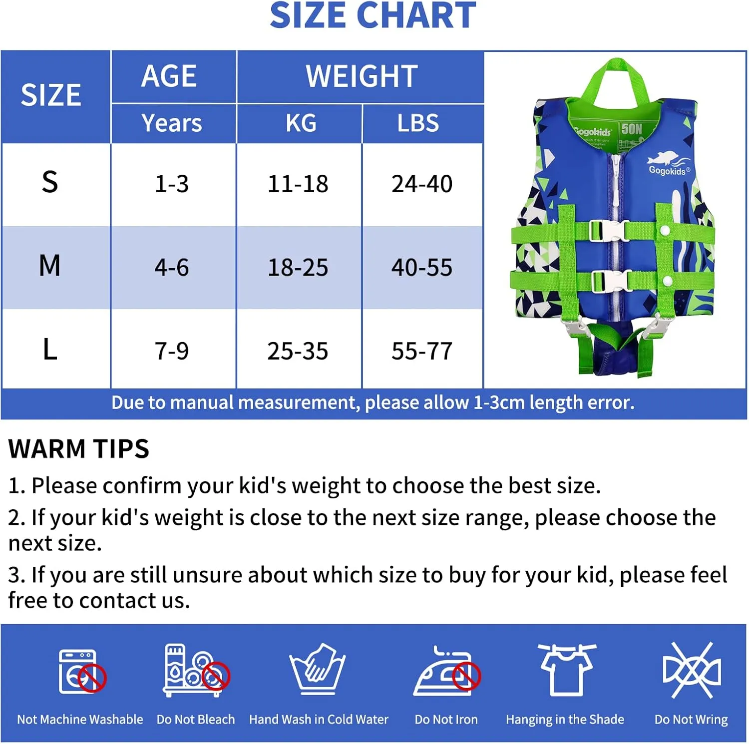 Gogokids Kids Swim Vest, Toddler Floaties for Boys Girls 20-70 Pounds Float Jacket with Adjustable Safety Strap, Buoyancy Pool Floation Trainer Vest Learn to Swim for Children 1-9 Years