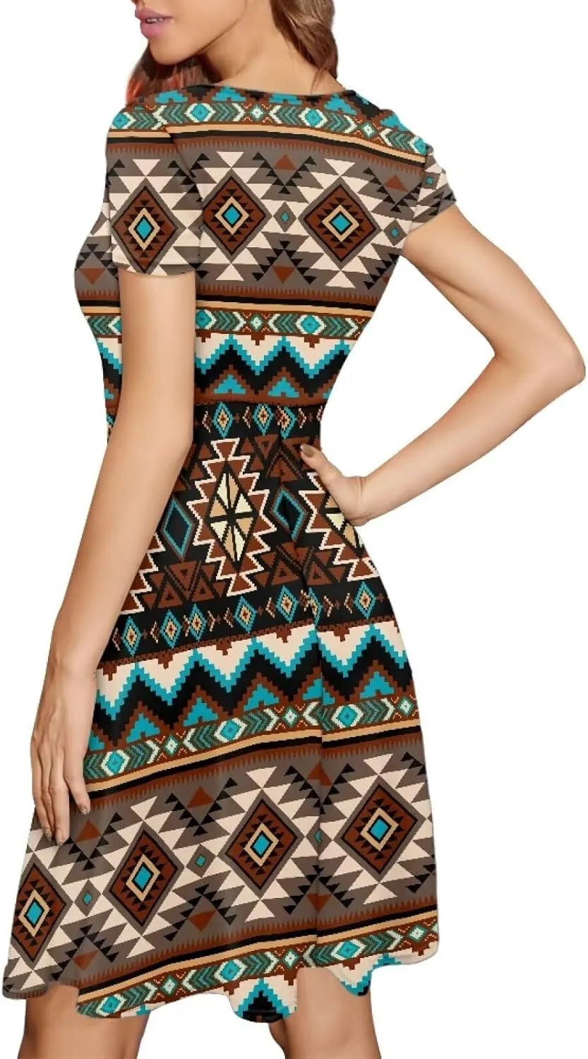 HUGS IDEA Womens Puffy Swing Midi Dress Round Neck Short Sleeve Party A-Line Dresses