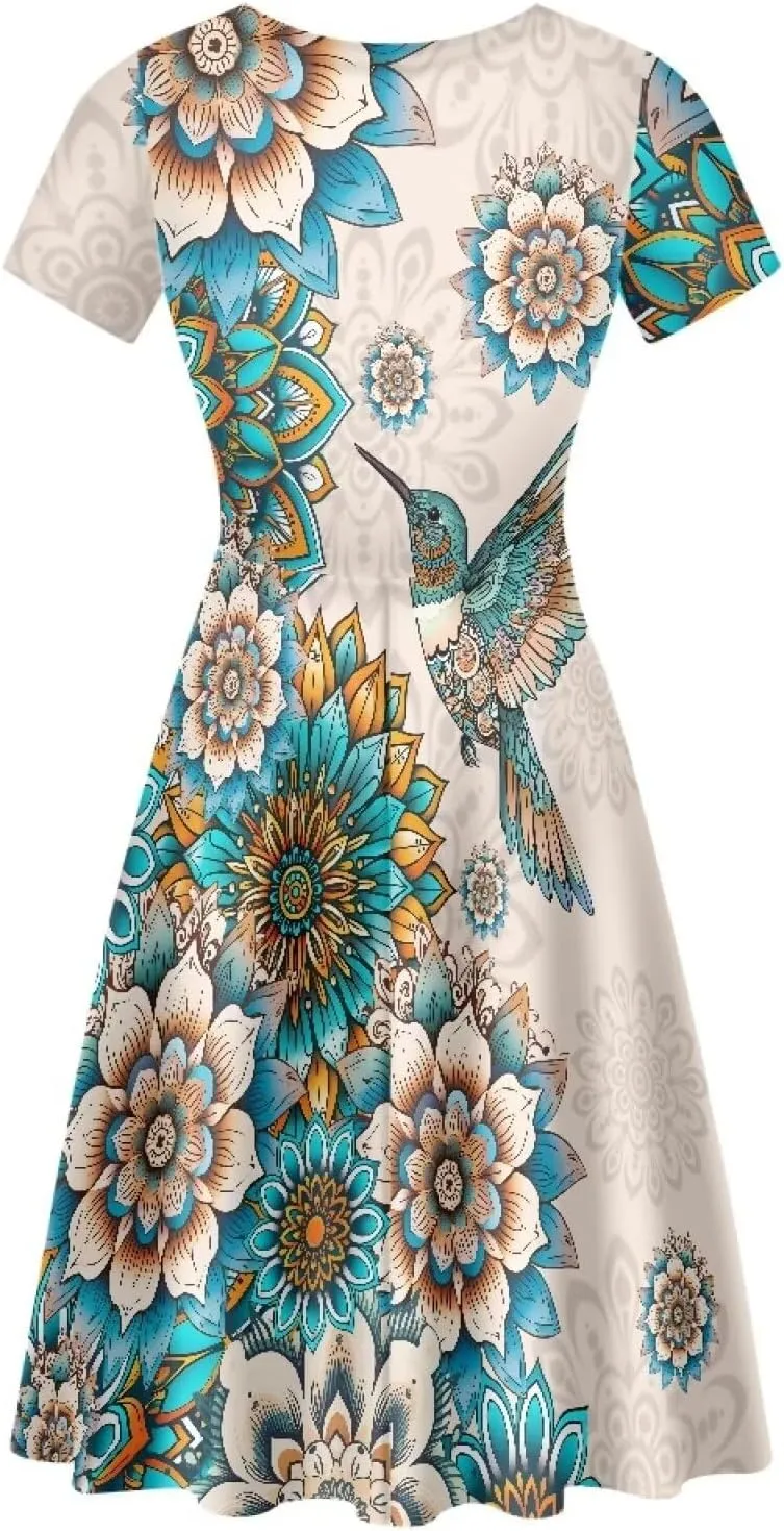 HUGS IDEA Womens Puffy Swing Midi Dress Round Neck Short Sleeve Party A-Line Dresses