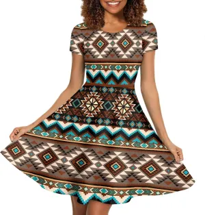 HUGS IDEA Womens Puffy Swing Midi Dress Round Neck Short Sleeve Party A-Line Dresses