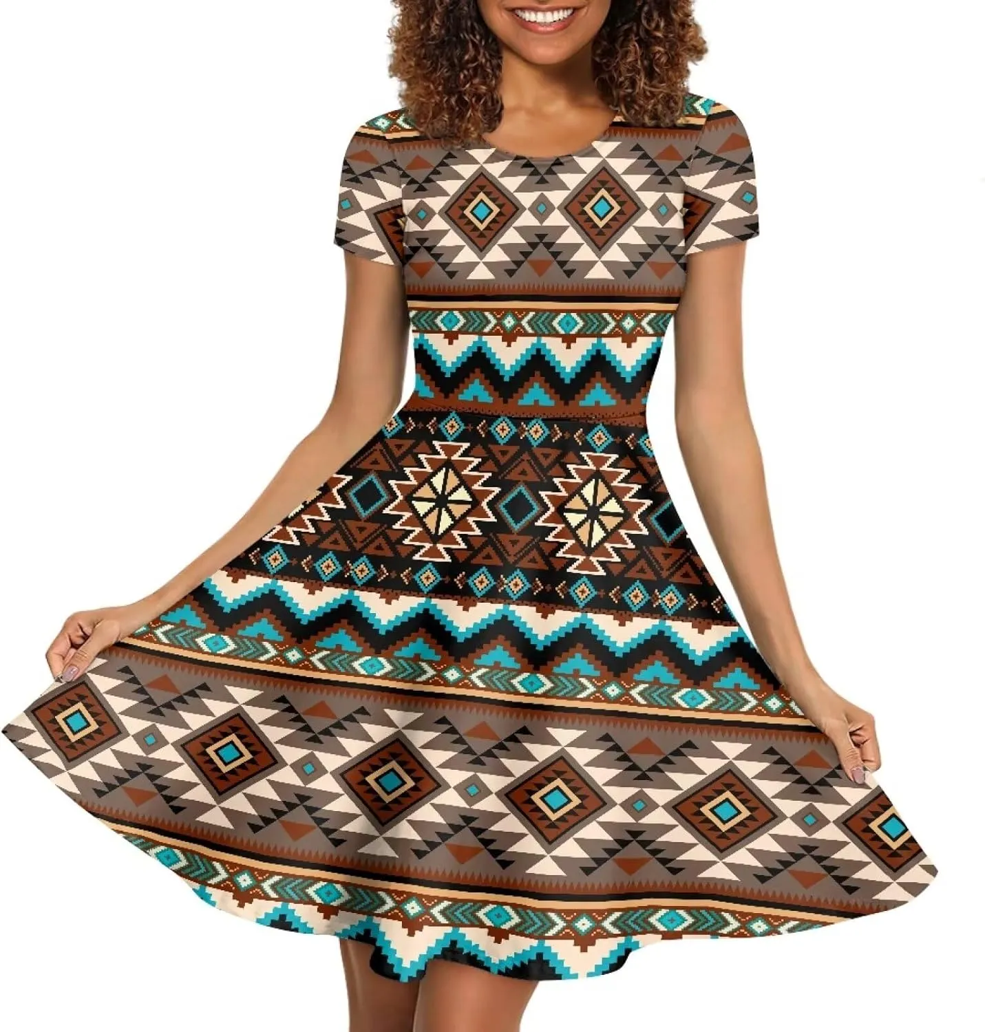 HUGS IDEA Womens Puffy Swing Midi Dress Round Neck Short Sleeve Party A-Line Dresses