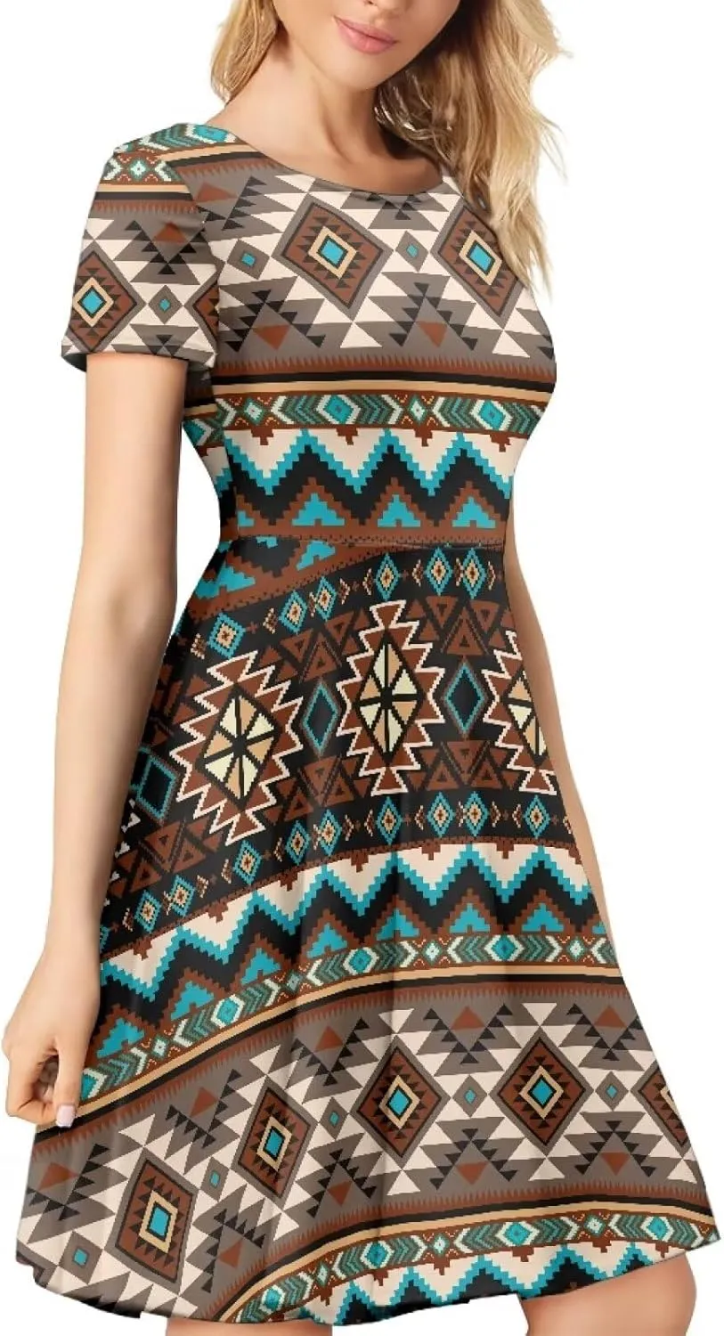 HUGS IDEA Womens Puffy Swing Midi Dress Round Neck Short Sleeve Party A-Line Dresses