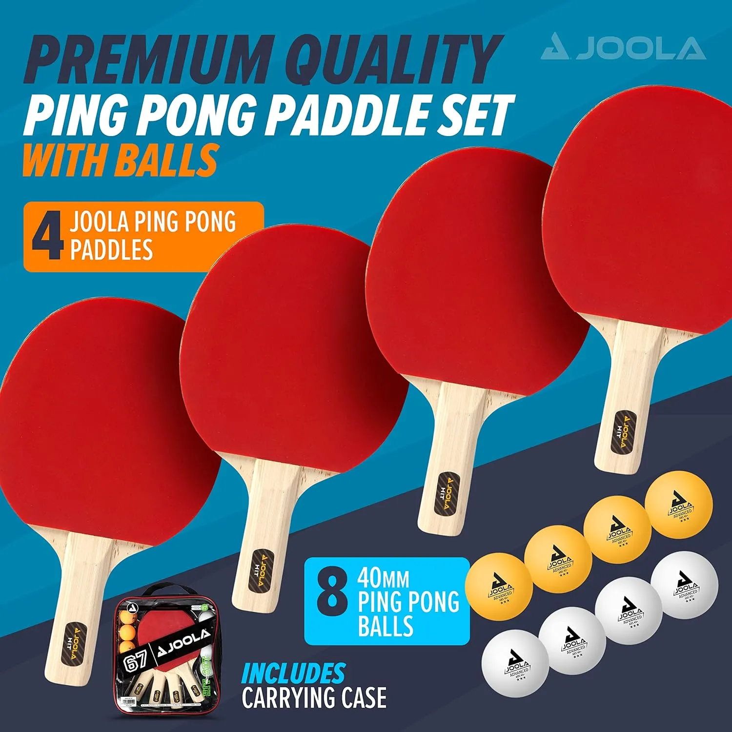 JOOLA Premium Table Tennis Set - 4 Regulation Ping Pong Paddles,Training Ping Pong Balls and Carrying Case - for Training and Recreational Play - Indoor and Outdoor Compatible