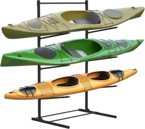 Kayak Rack 3-Tier, Heavy Duty Kayak Storage Rack, Freestanding Paddle Board Storage Stand, Adjustable Tier Canoe Racks, Steel Indoor Outdoor SUP Holder for Garage Dock Boathouse