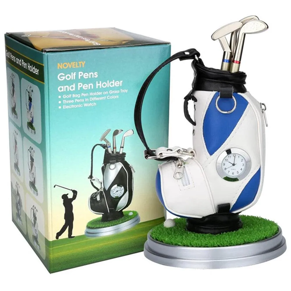 Mini golf bag pen holder with golf pen and clock golf souvenir blue table decoration - 10L0L