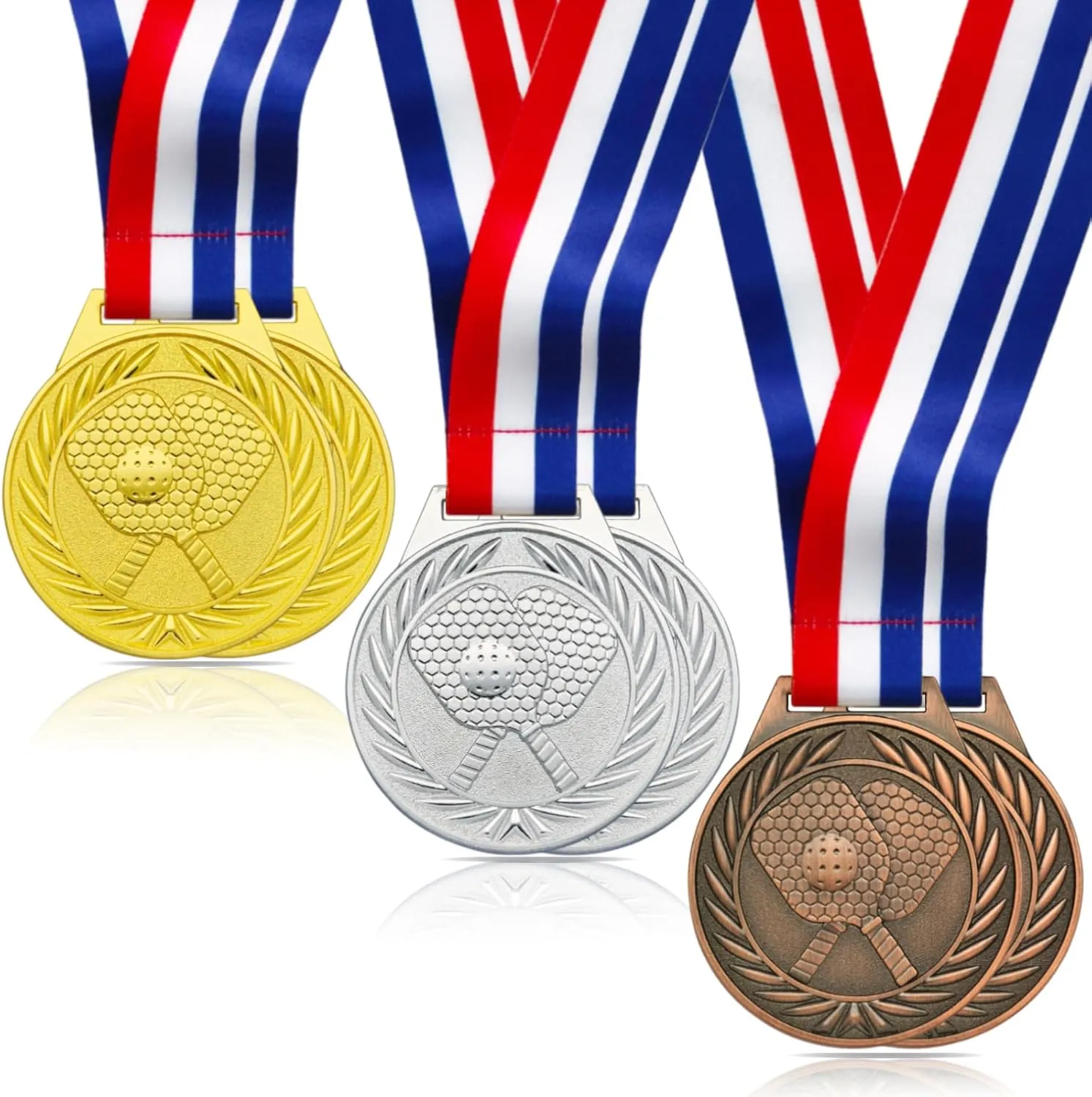 Pickleball Medals - 2.56 Inch Gold Silver Bronze Metal Pickle Ball Medal with V Neck Ribbons for Kids Adults Trophy Award Prize Gift