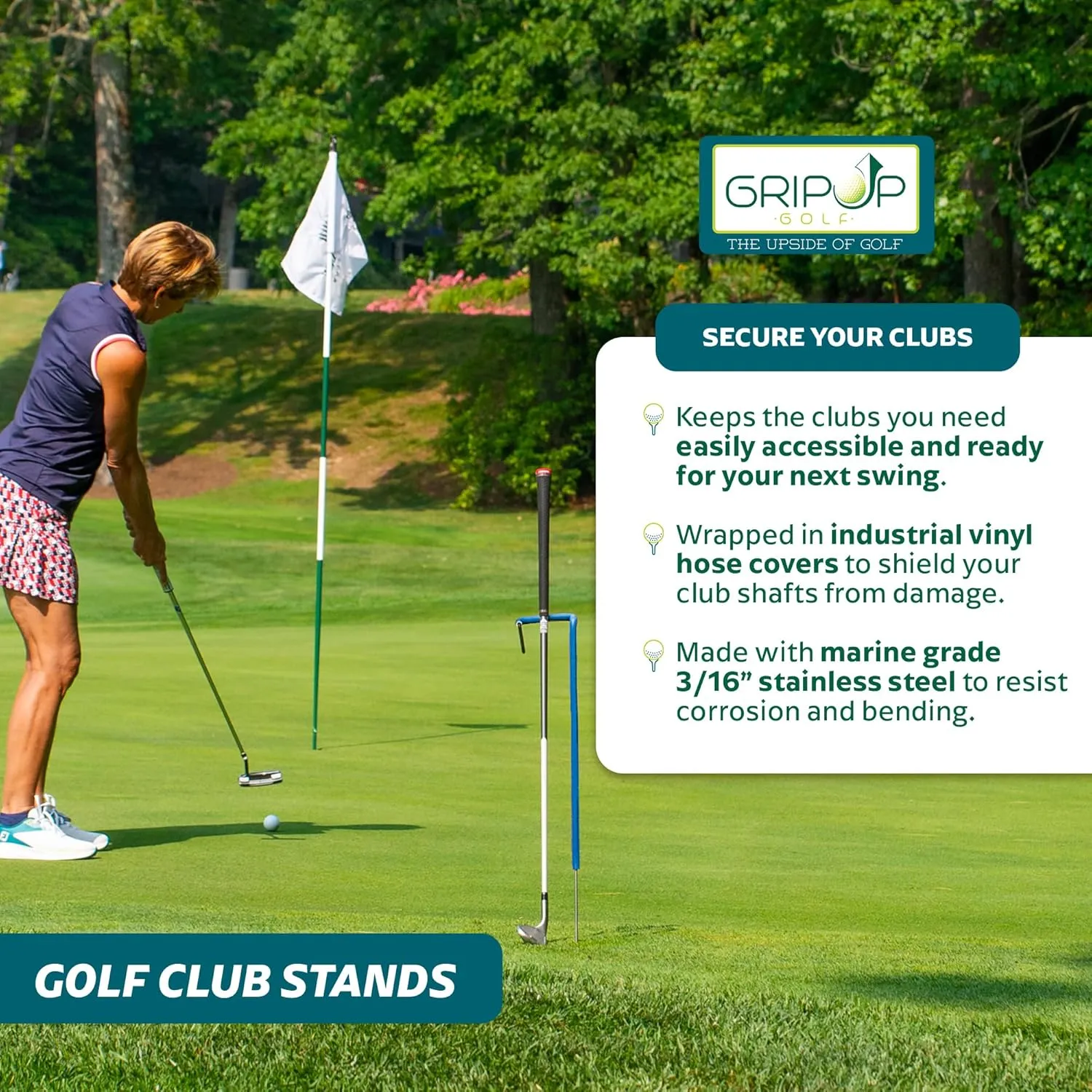 Stainless Steel Golf Club Stand. Made in The USA with Stainless Steel & Industrial Grade Vinyl coverings to Protect Your Clubs & Bag. Available in 6