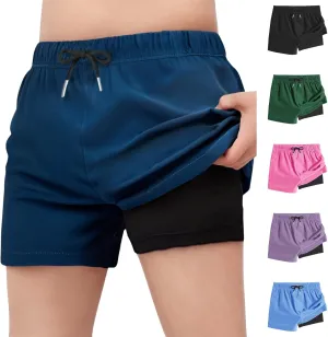 Swim Shorts for Girls Quick Dry High Waisted Trunks with Compression Liner Drawstring Beach Board Shorts Swim Bottoms