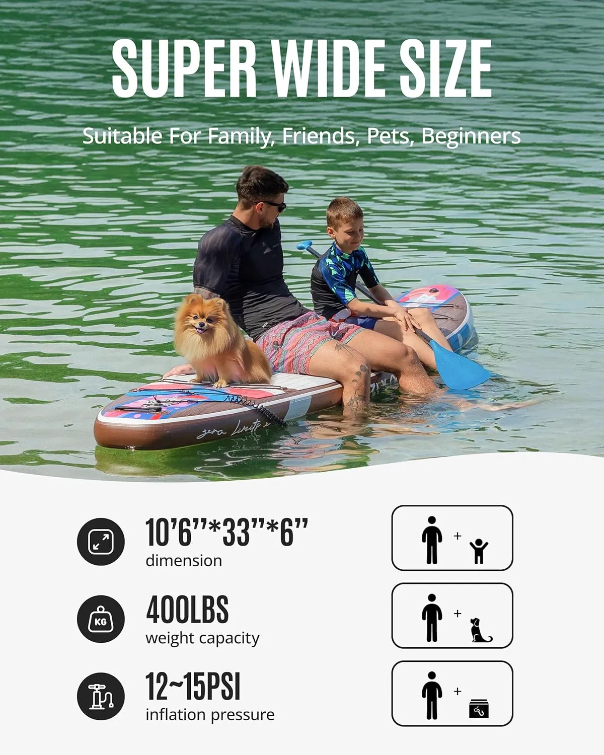 ZLX 10'6" Inflatable Stand Up Paddle Board, Extra Wide Stable Non-Slip Deck Pad, Unique Center Fin, Portable Paddleboard for Adults, Premium Blow Up Paddle Boards SUP for Beginners, All Skill Levels