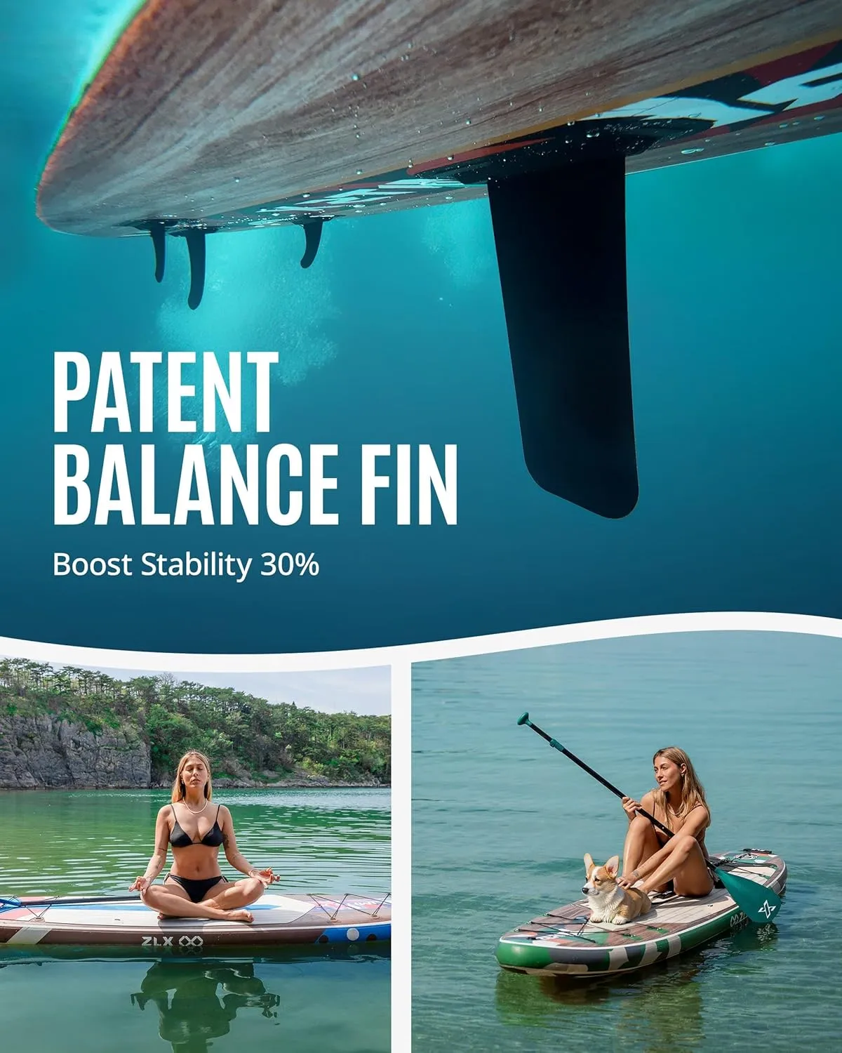 ZLX 10'6" Inflatable Stand Up Paddle Board, Extra Wide Stable Non-Slip Deck Pad, Unique Center Fin, Portable Paddleboard for Adults, Premium Blow Up Paddle Boards SUP for Beginners, All Skill Levels